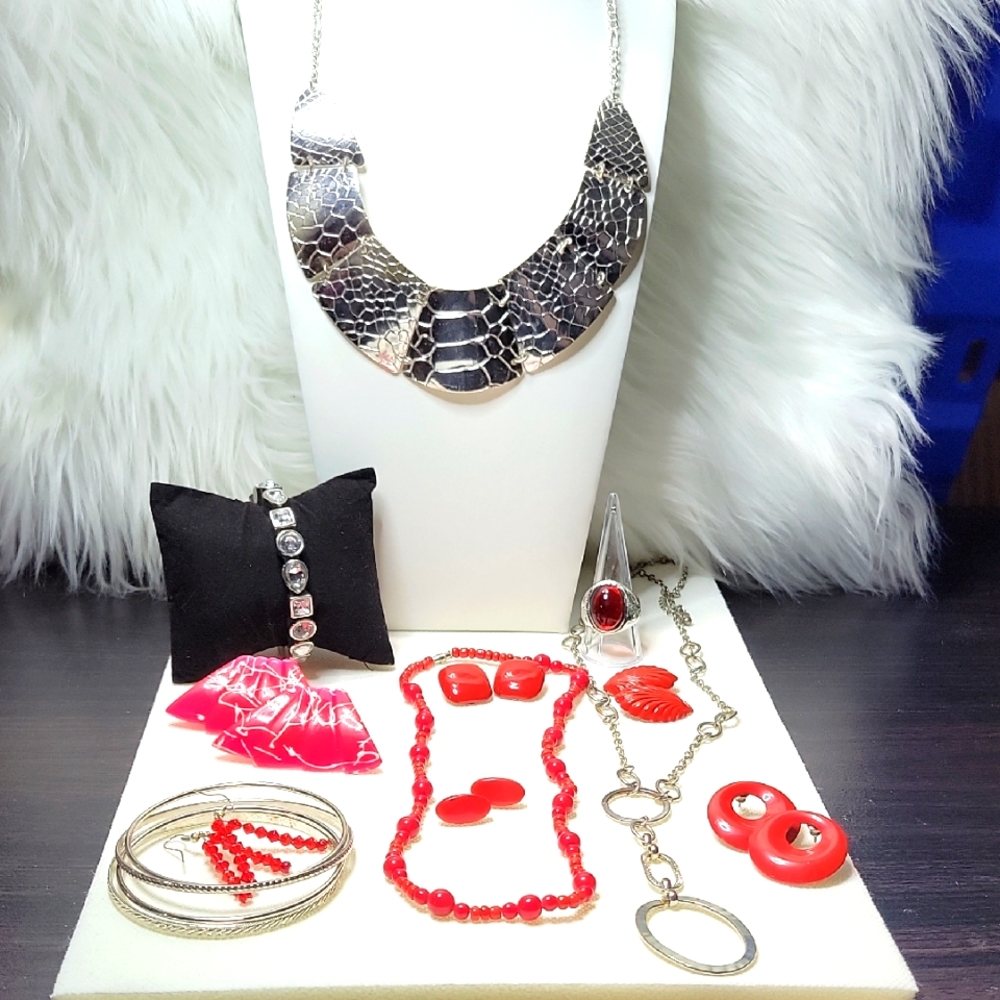 Silver and Red Jewelry Set